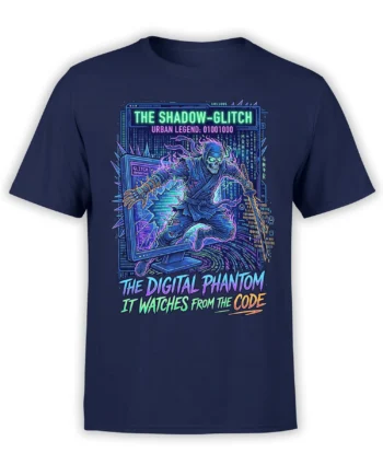 Neon cyberpunk grim reaper emerging from a computer monitor on a navy graphic T-shirt