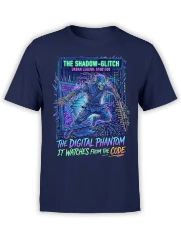 Neon cyberpunk grim reaper emerging from a computer monitor on a navy graphic T-shirt