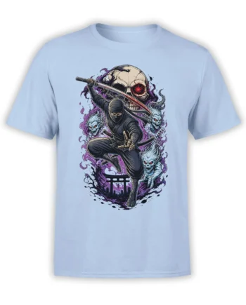 Light blue T-shirt with a masked ninja, katana, giant skull, undead warriors, and purple smoke