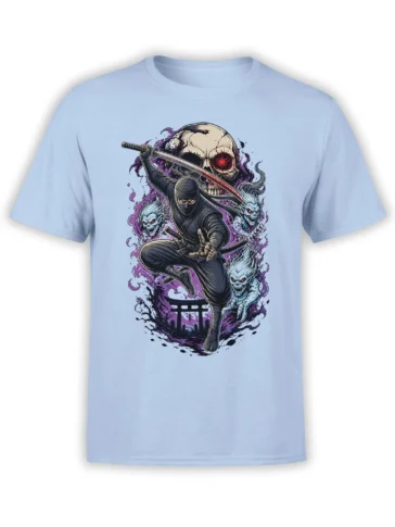 Light blue T-shirt with a masked ninja, katana, giant skull, undead warriors, and purple smoke