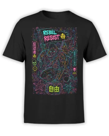 Black T-shirt with a hooded neon warrior, swords, skulls, anarchy symbol, and REBEL RESIST artwork