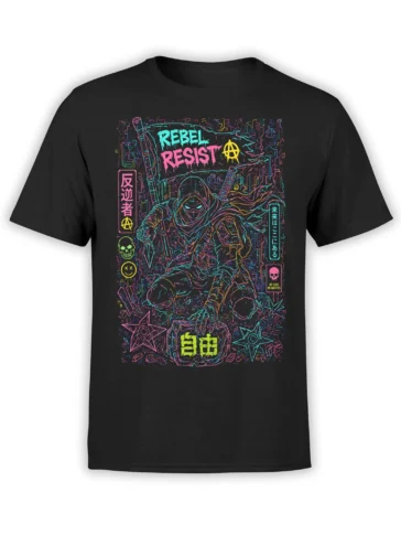 Black T-shirt with a hooded neon warrior, swords, skulls, anarchy symbol, and REBEL RESIST artwork