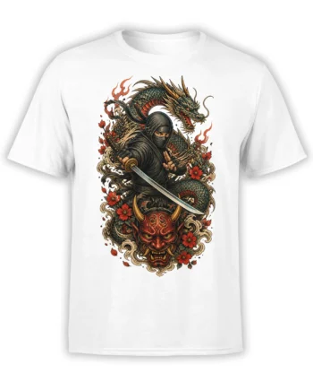 White T-shirt featuring a masked ninja with sword, blue-green dragon, red oni mask, and flowers