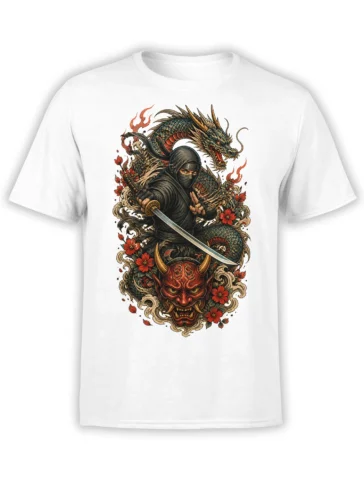 White T-shirt featuring a masked ninja with sword, blue-green dragon, red oni mask, and flowers