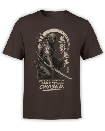 Dark brown ninja T-shirt with crouching shadow warrior, sword, brushstroke circle, and cream lettering