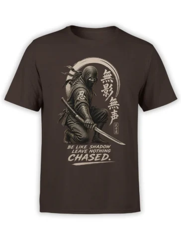 Dark brown ninja T-shirt with crouching shadow warrior, sword, brushstroke circle, and cream lettering