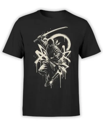 Masked ninja with raised katana and cream graffiti artwork printed on a black T-shirt