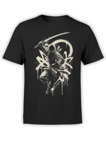 Masked ninja with raised katana and cream graffiti artwork printed on a black T-shirt