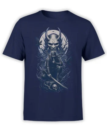 Dark fantasy horned demon and hooded swordsman artwork printed on a navy T-shirt
