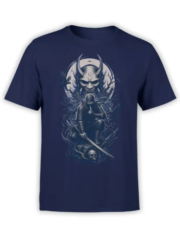 Dark fantasy horned demon and hooded swordsman artwork printed on a navy T-shirt