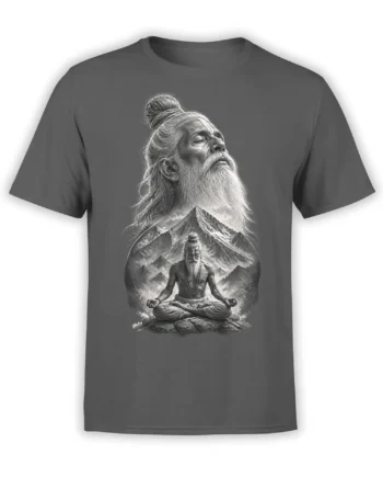 Gray T-shirt with a grayscale bearded sage meditating before a dramatic mountain landscape