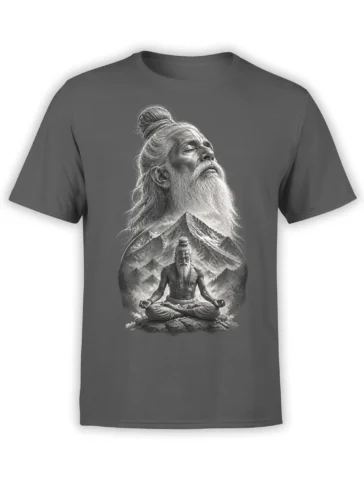 Gray T-shirt with a grayscale bearded sage meditating before a dramatic mountain landscape