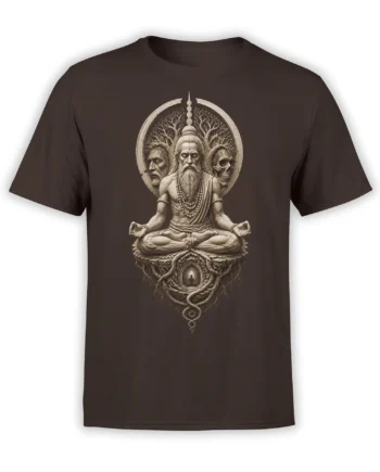 Brown T-shirt featuring a meditating bearded sage, skull, sacred trees, and mysterious roots