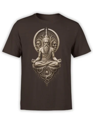 Brown T-shirt featuring a meditating bearded sage, skull, sacred trees, and mysterious roots