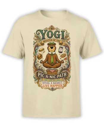 Vintage beige T-shirt with a meditating brown bear, picnic foods, ornate lettering, and a calm humorous design