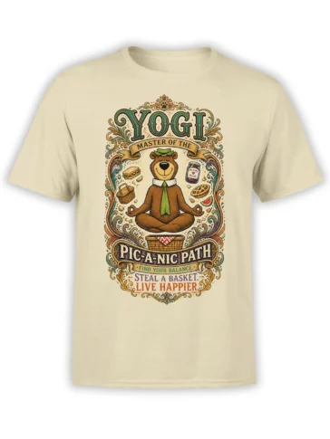 Vintage beige T-shirt with a meditating brown bear, picnic foods, ornate lettering, and a calm humorous design