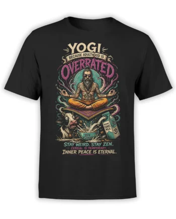 Black yoga t-shirt with tattooed guru, Zen Flakes bowl, startled cow, and Organic Chaos Milk design