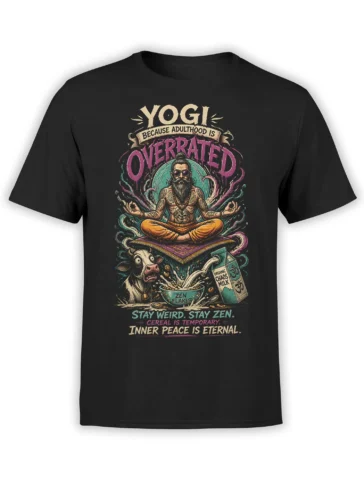 Black yoga t-shirt with tattooed guru, Zen Flakes bowl, startled cow, and Organic Chaos Milk design