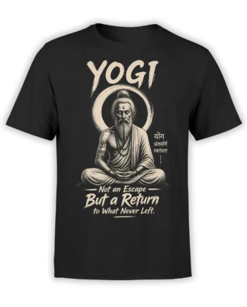 Black yoga t-shirt featuring a meditating bearded yogi, YOGI lettering, Om symbol, and reflective message