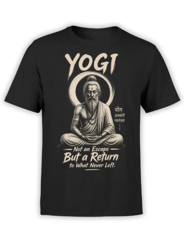 Black yoga t-shirt featuring a meditating bearded yogi, YOGI lettering, Om symbol, and reflective message
