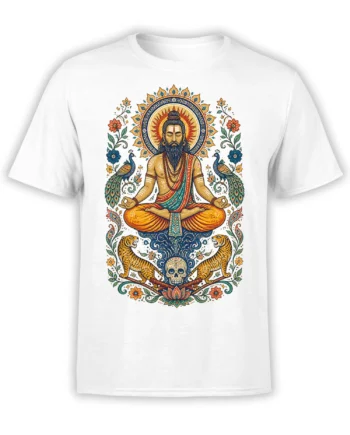 White T-shirt with ornate meditating sage artwork, peacocks, tigers, lotus flowers, and a skull