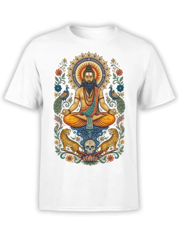 White T-shirt with ornate meditating sage artwork, peacocks, tigers, lotus flowers, and a skull