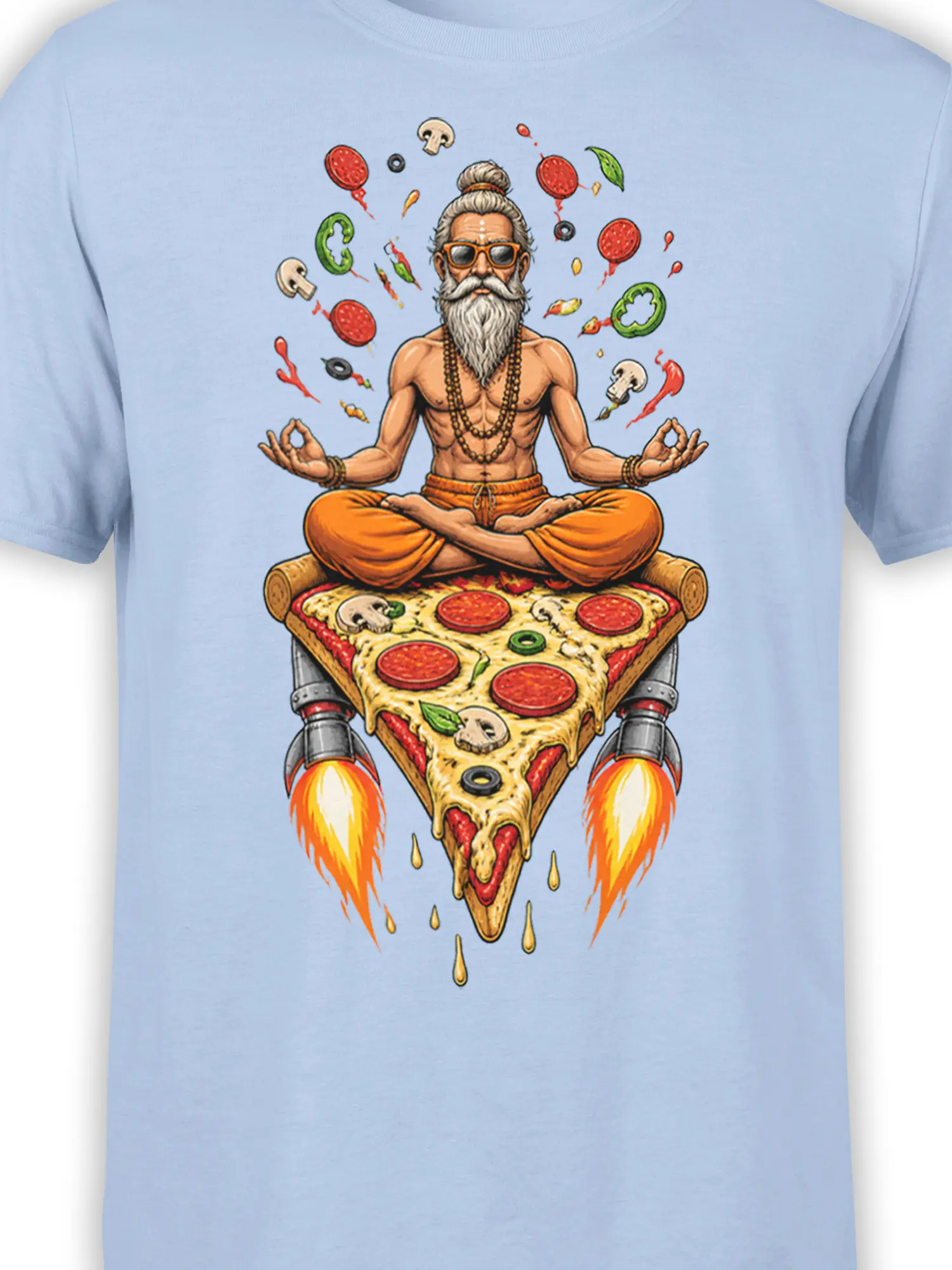 Close-up of the light blue pizza guru graphic showing orange sunglasses, beads, toppings, cheese, and rocket flames