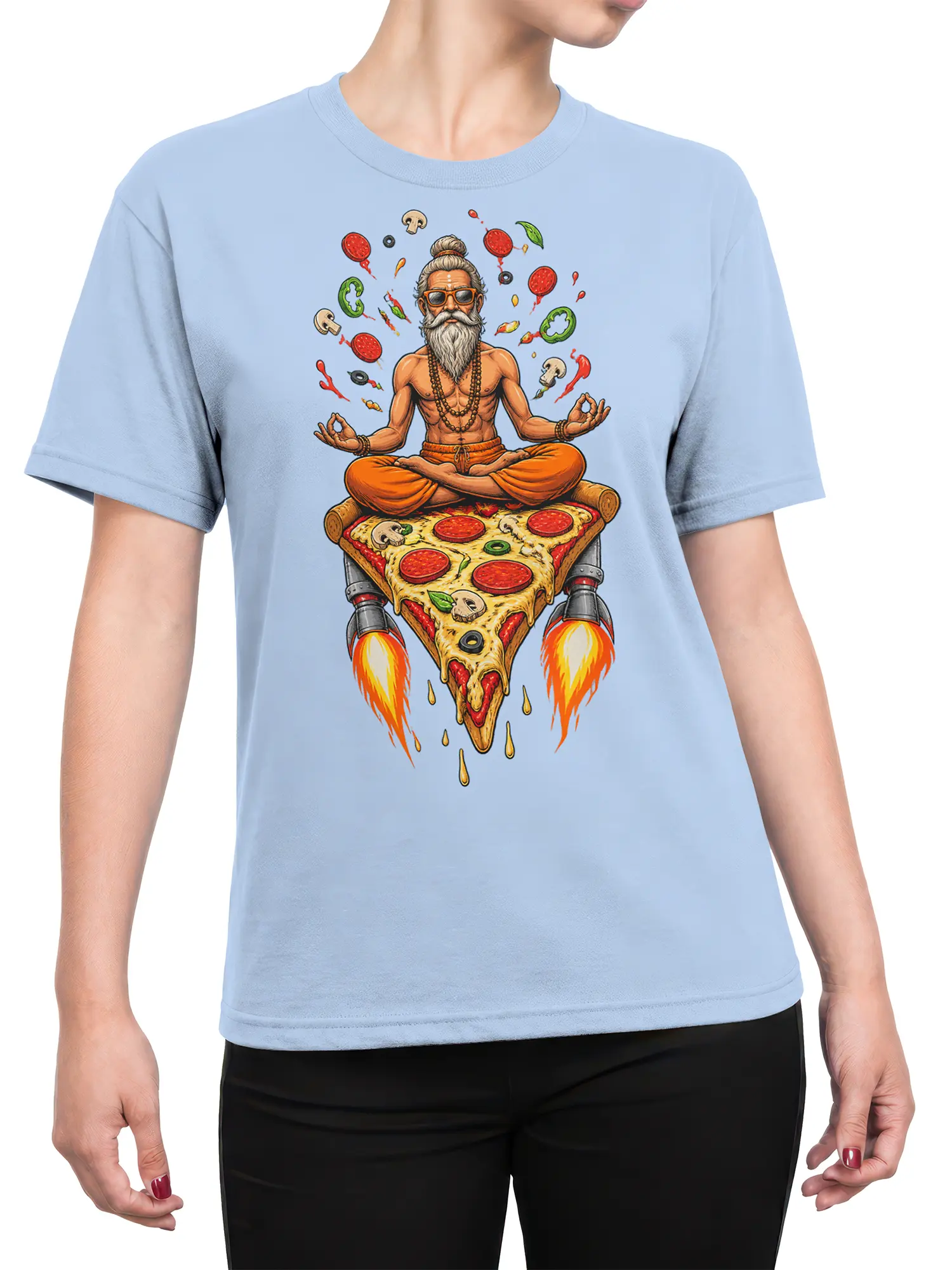 Female torso wearing a light blue T-shirt with a meditating pizza guru, colorful toppings, and rocket flames