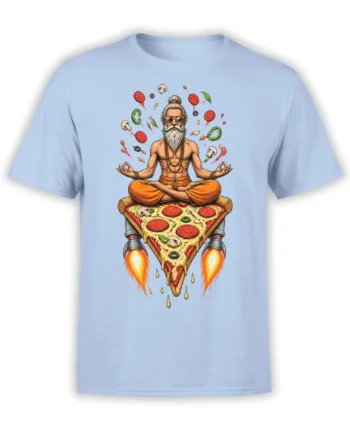 Light blue T-shirt with a meditating bearded pizza guru, colorful toppings, and rocket flames beneath the slice