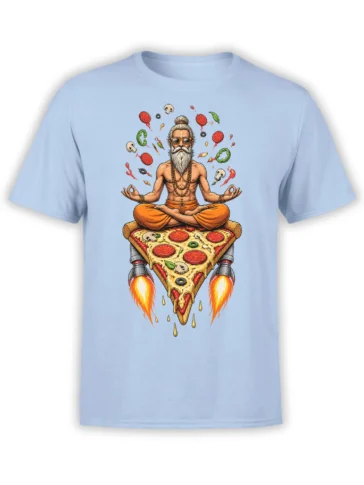 Light blue T-shirt with a meditating bearded pizza guru, colorful toppings, and rocket flames beneath the slice