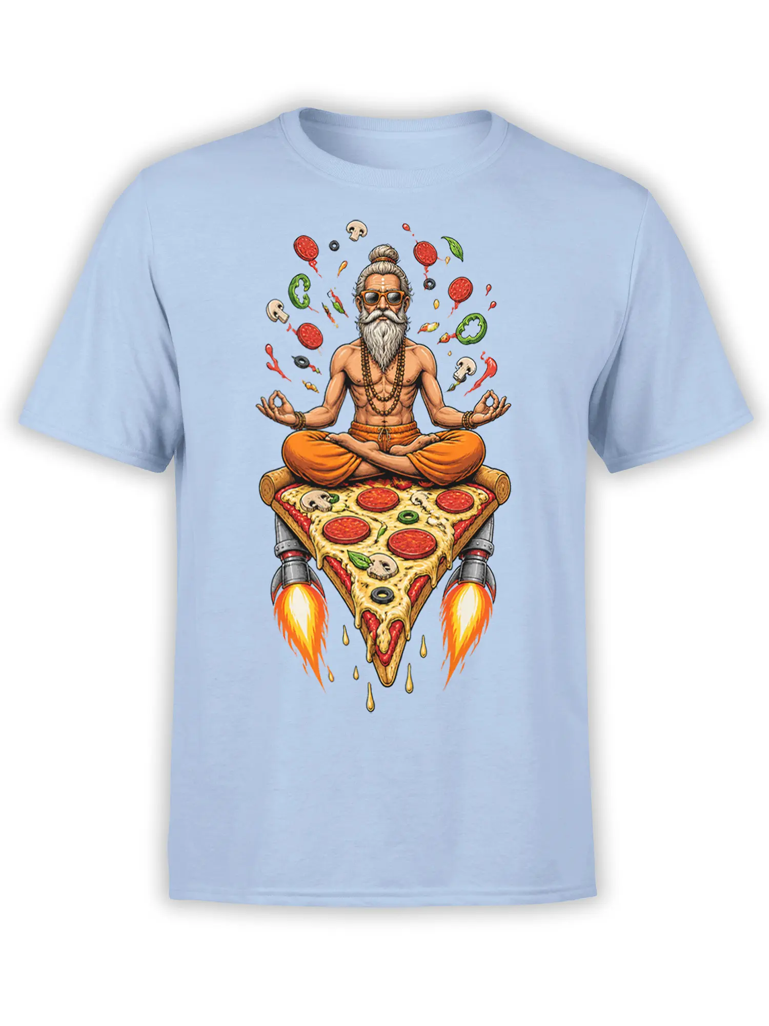 Light blue T-shirt with a meditating bearded pizza guru, colorful toppings, and rocket flames beneath the slice
