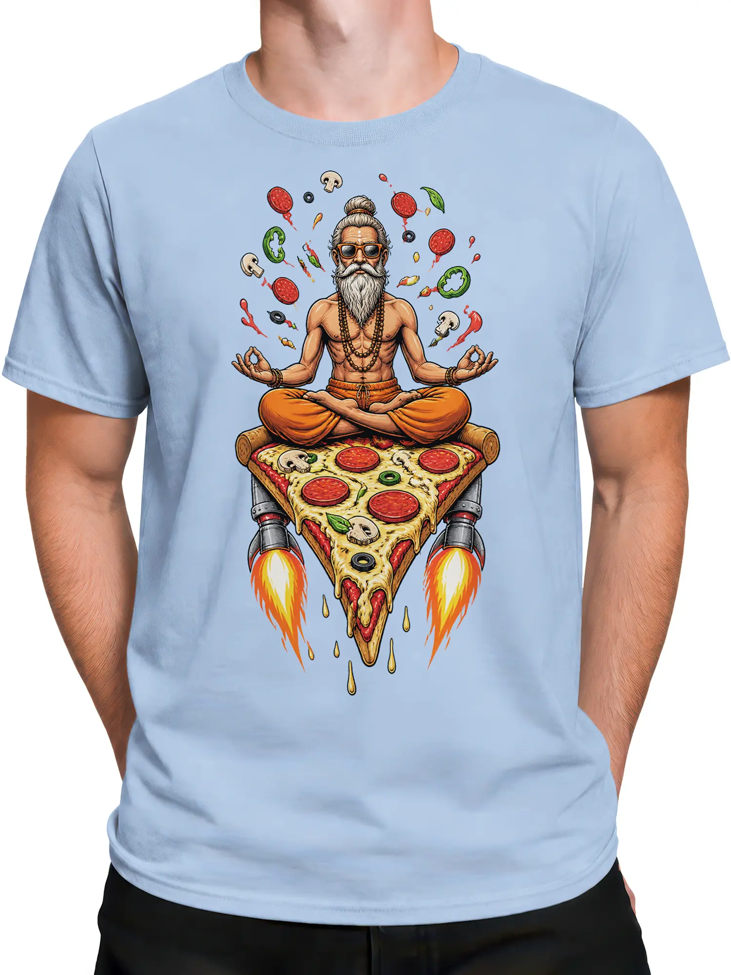 Male torso wearing a light blue pizza T-shirt with a bearded guru, colorful toppings, and rocket flames