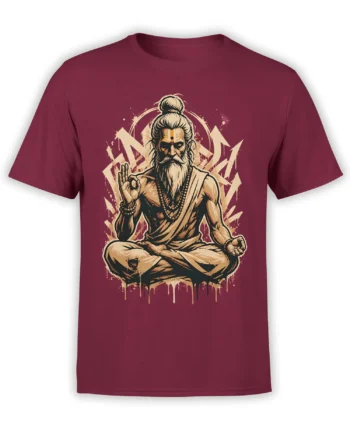 Bearded sage meditating with prayer beads, halo, and arrows on a burgundy fantasy T-shirt
