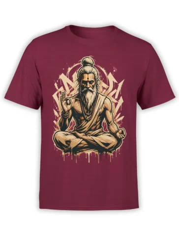 Bearded sage meditating with prayer beads, halo, and arrows on a burgundy fantasy T-shirt