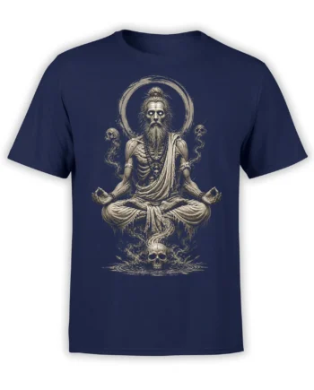 Medicating bearded skeleton with skulls and smoky details printed on a navy graphic T-shirt