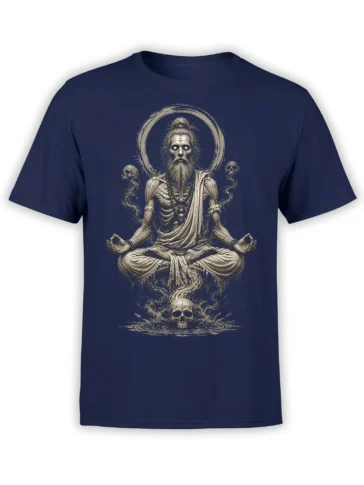 Medicating bearded skeleton with skulls and smoky details printed on a navy graphic T-shirt