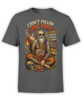Gray T-shirt with tattooed rebel yogi, roaring tiger, skull, lotus, and bold spiritual lettering