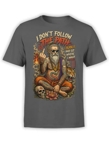 Gray T-shirt with tattooed rebel yogi, roaring tiger, skull, lotus, and bold spiritual lettering