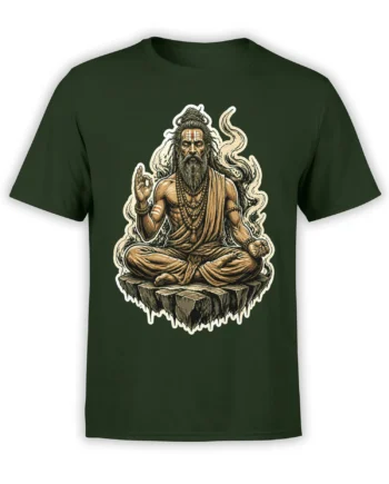 Bearded sage meditating with prayer beads and flowing smoke on a green T-shirt