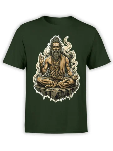 Bearded sage meditating with prayer beads and flowing smoke on a green T-shirt