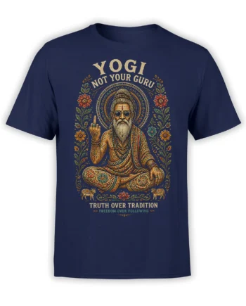 Front view of navy yoga T-shirt with a bearded yogi, flowers, and “YOGI NOT YOUR GURU” lettering