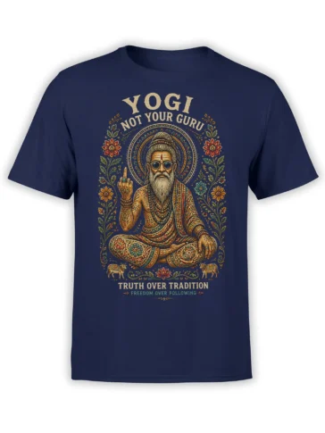 Front view of navy yoga T-shirt with a bearded yogi, flowers, and “YOGI NOT YOUR GURU” lettering