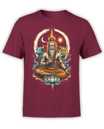 Medating sage with tiger, bull, lotus, sun, moon, and fire printed on a burgundy T-shirt