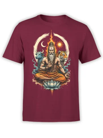 Medating sage with tiger, bull, lotus, sun, moon, and fire printed on a burgundy T-shirt