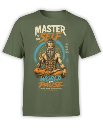 Green T-shirt featuring a bearded meditating sage, spiritual symbols, and bold “World on Pause” lettering