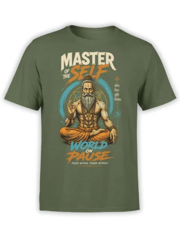 Green T-shirt featuring a bearded meditating sage, spiritual symbols, and bold “World on Pause” lettering