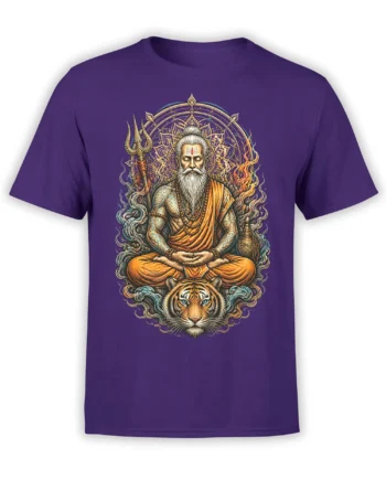 Purple tiger t-shirt with a meditating sage, orange robes, trident, mandala, flames, and waves