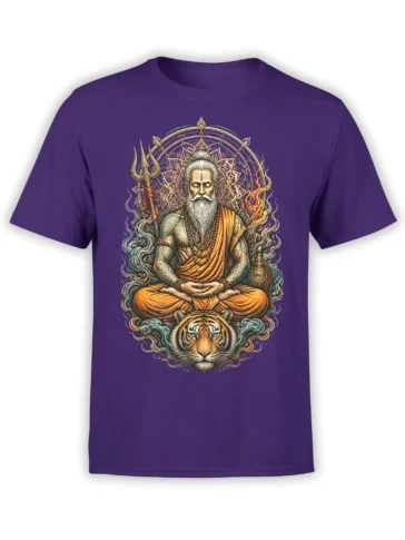 Purple tiger t-shirt with a meditating sage, orange robes, trident, mandala, flames, and waves