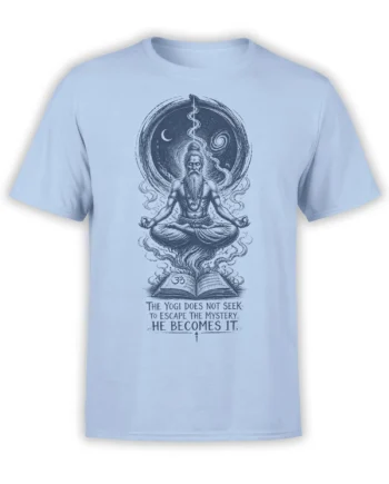 Light blue yoga T-shirt featuring a meditating yogi, crescent moon, Om symbol, open book, and mystery quote