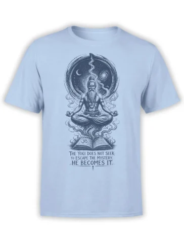 Light blue yoga T-shirt featuring a meditating yogi, crescent moon, Om symbol, open book, and mystery quote